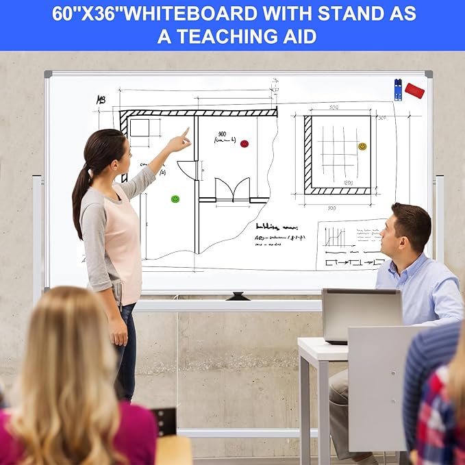Mobile Magnet Whiteboard with Stand 60x36 Double-Sided Dry Erase Board with Stand - Magnetic Portable Standing Whiteboard - 5' x 3' Rolling White Boards with Easy Flip Feature