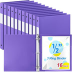 Henoyso 16 Pcs 3 Ring Binder 1/2'' Round Fits Letter Size 8. 5'' x 11'' Paper Plastic Flexible Binder Holds 100 Sheets with 1 Pockets Versatile Organizer for Office Home School (Purple)