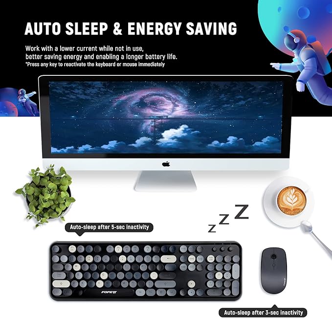 FOPETT Wireless Keyboard and Mouse Combo, 104 Keys Full-Sized 2.4 GHz Round Keycap Colorful Keyboards, USB Receiver Plug and Play, for Windows, Mac, PC, Laptop, Desktop (Grey)