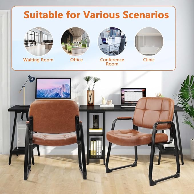 CLATINA Big & Tall 500 lb Waiting Room Chairs with Padded Armrests and Sled Base, Leather Stationary No Wheels Office Guest Chair for Reception Lobby Home and Meeting Conference, Brown （6 Pack）