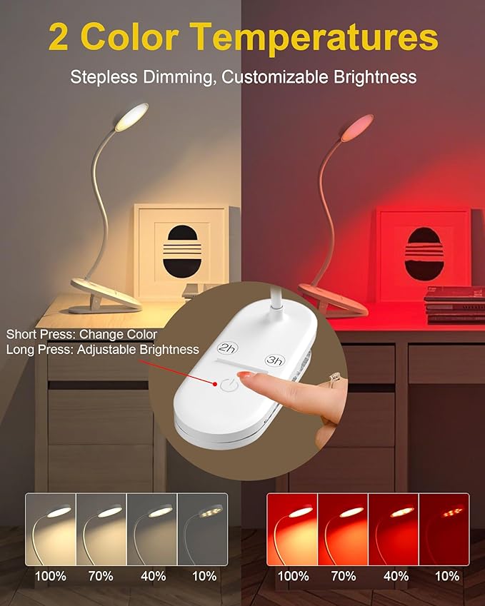 SZOKLED Red Light Reading Lights for Books in Bed, Clip on Lamp with Timer & Dimmable, Rechargeable Eye Care Night Light for Bedroom, Desk, Laptop, Headboard