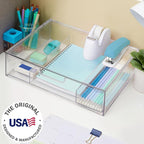 STORi STAX Plastic Stackable Organizer Divided Drawer in Clear | 12.5-inches Wide | 3-Compartments to Organize Office Desk Accessories, Pens, and Notepads| Made in USA