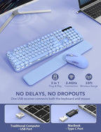 Wireless Keyboard and Mouse Backlit - Typewriter Keyboard with Retro Round Keycaps, Detachable Wrist Rest, Light Up Letters, 2.4G Rechargeable Combo for Mac, Windows, PC, Laptop, Trueque (Purple)