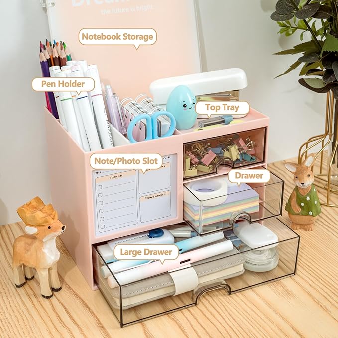 Multi-Functional Desk Organizer with 3 Drawer and 8 Compartments, Pink