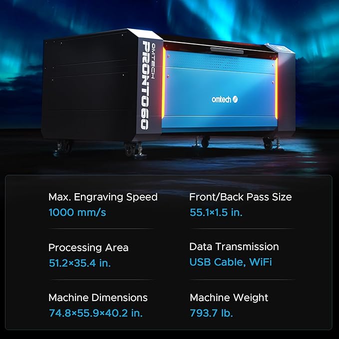 OMTech Pronto 130W CO2 Laser Engraver | 51" × 35" Laser Cutting Machine with Autofocus | 2-Way Pass, Air Assist, Red Dot Pointer | Ideal for Wood, Glass, Acrylic, and More