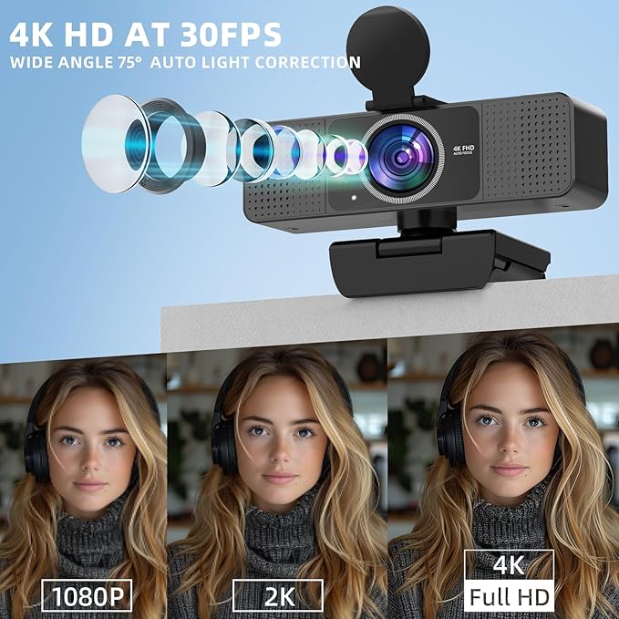 4K Webcam for PC - Autofocus, Noise-Canceling Mic, USB Plug & Play with Privacy Cover Camera 4K for Zoom/Teams/Skype/Google Meet