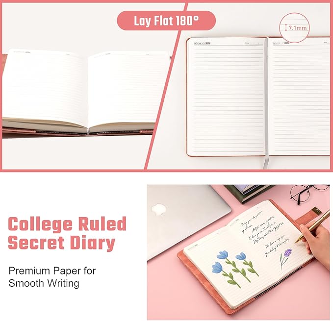 Lock Diary for Women Diary with Lock for Girls A5 Leather Locked Journal 260 Pages 100 GSM Refillable Journal with Lock for Teens Secrets Flower Journals with Combination Passwords, 5.7"x8.3", Pink