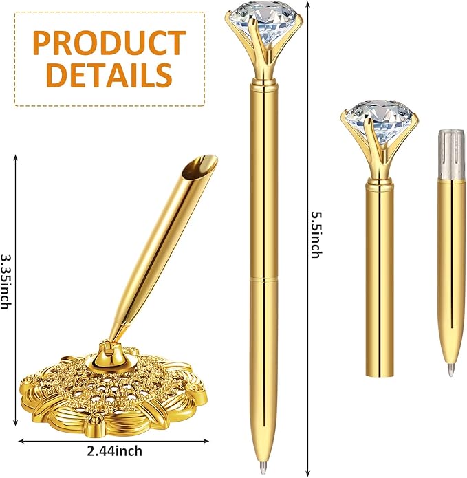 Outus 2 Pieces Gold Wedding Pens for Guest Book Signing Diamond Pen with Hollow Round Holder Stand Set for Wedding Bridal Engagement Reception Supplies
