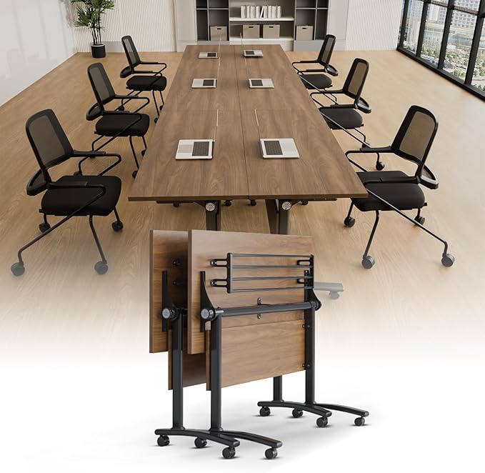 Conference Room Table with Silent Wheels, Mobile Folding Conference Table for 16 Person,Flip Top Office Training Tables with Walnuts Wood Tabletop, for School,Business Meeting Rooms (2 Pack 63in)