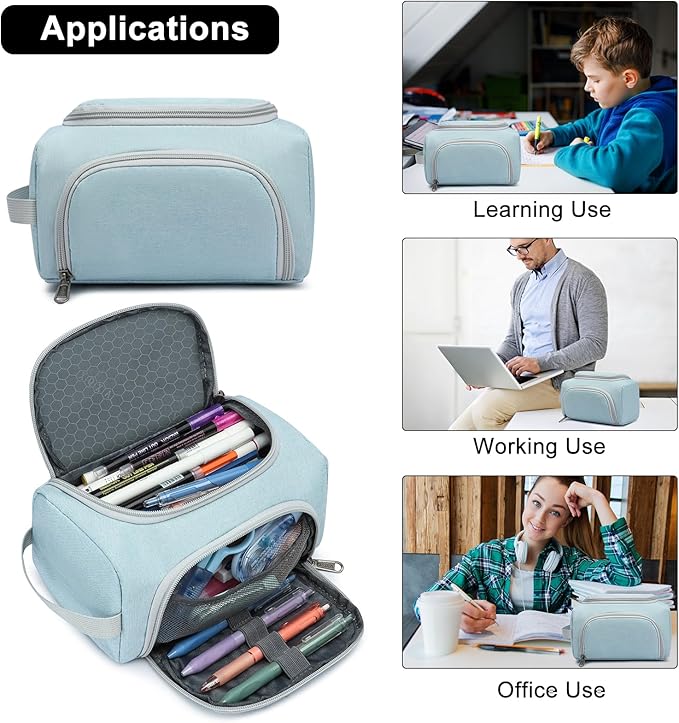 XQXA Extra Large Capacity Pencil Case Organizer, Multifunctional Pencil Pouch with Compartmens, Travel Simple Stationery Bag, Nylon Pencil Bag for Adults (Blue)