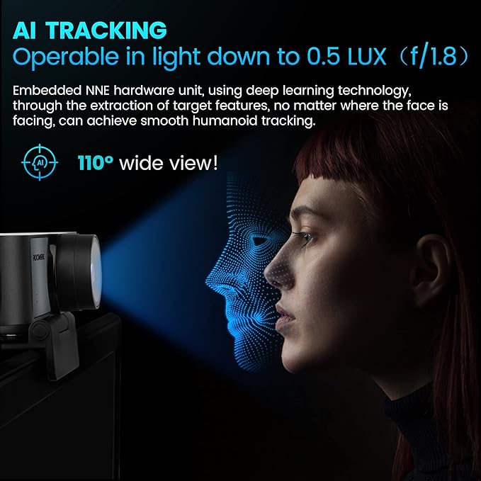 ROCWARE 4K Webcam with Remote, RC16 Computer Camera with Microphone,1080p 60fps FHD,AI Tracking,Privacy Cover, WDR,110°FOV,8X Digital Zoom,Streaming Camera for PC/Meeting/Teaching/Zoom