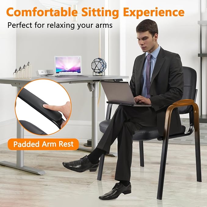 CLATINA Waiting Room Guest Chair with Bonded Leather Padded Arm Rest for Office Reception and Conference Desk Black 8 Pack