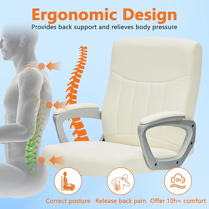 CLATINA Office Computer Desk Chair Executive Mid Back Chair Comfortable Ergonomic Managerial Chair Adjustable PU Leather Home Office Desk Chair Swivel, White 2PK