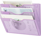 EASEPRES 3 Pocket Mesh Hanging Wall File Organizer, Wall Mounted Mail Paper Document Folder Holder, Clipboard Storage Organization Magazine Rack with Nametag Label for Office Home School, Light Purple