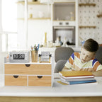 Wisuce Desk Organizer with Drawers - Bamboo Desktop Organizer Storage | White-Natural Wood Desk Drawers Organizer for Bills, Office Supplies, Cosmetics, Seals No Assembly Required