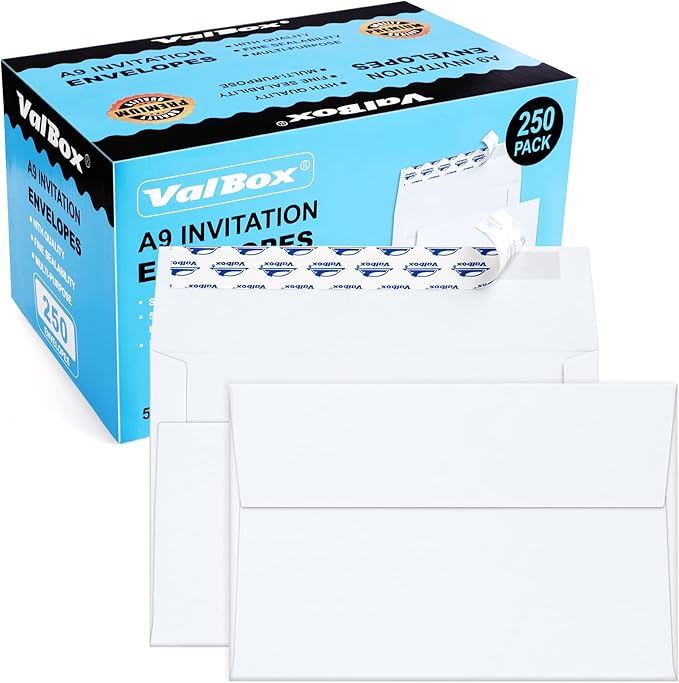 ValBox A9 Invitation Envelopes 250 Qty 5-3/4 x 8-3/4" White Envelopes Self Seal for Invitations, Photos, Wedding, Baby Shower Greeting Cards, Announcements - 5.75 x 8.75 Inches