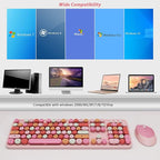 Cute Pink Wireless Keyboard and Mouse, 2.4G Retro Round Keycap for PC, Mac, Laptop, Tablet, Computer Windows