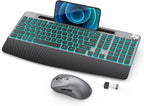 Backlit Keyboard and Mouse Combo, 7 Colors Wireless Keyboard Ergonomic with Wrist Rest and Volume Knob,Phone Holder,Rechargeable with Light Up Keyboard for Laptop, PC, Mac, Windows -Black