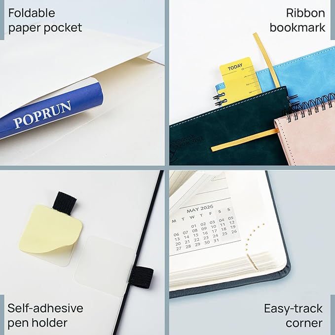 POPRUN Weekly Planner 2026 Pocket Size Calendar (4" x 6.25") 12 Months Notebook with Horizontal Layout, Leather Soft Cover, Inner Pocket, 100GSM Thick Paper, Pen Holder - Brown