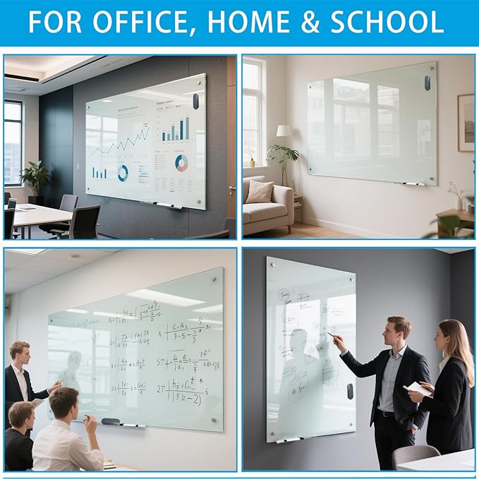 KIZZBY Glass Dry Erase White Board - Magnetic Boards for Wall, 48"x36" Large Frameless Whiteboard for Office, Home & School
