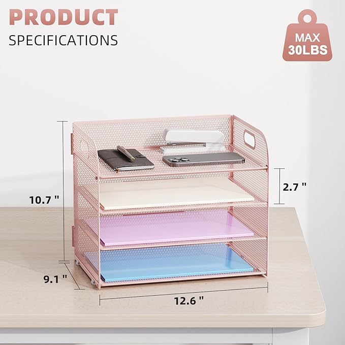 Marbrasse 4 Tier Paper Organizer Letter Tray - Mesh Desk File Organizer with Handle, Paper Sorter Organizer for Letter/A4 Office File Folder Holder (Pink, 12.6" x 9.1" x 10.7")