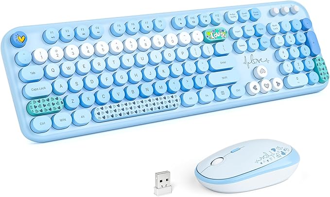 Wireless Keyboard and Mouse Combo, MOWUX Full Size Typewriter Retro Round Computer Keyboard, Cute Optical Mouse Wireless, Plug and Play, for Laptop, PC, Computer - Blue Heart
