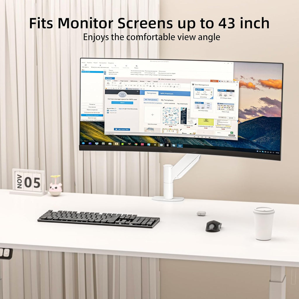 Suptek Single Monitor Mount,Ultrawide Monitor Arm Mount Single Desk Mount for 17 to 43 inch Curved Screen,Holds 28.6 lbs,Pneumatic Height,75/100 Vesa Mount,White(MD71MW)
