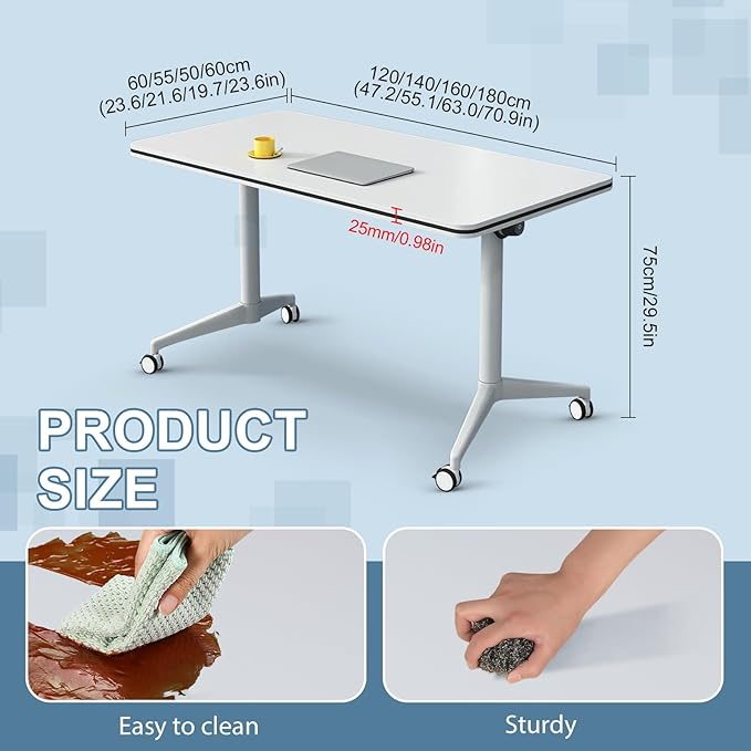 2Pack Folding Conference Room Table, Modern Conference Tables with Silent Wheels, Large Rectangular Mobile Training Tables for Office Classroom, Foldable Modular Seminar Table White (L63in)