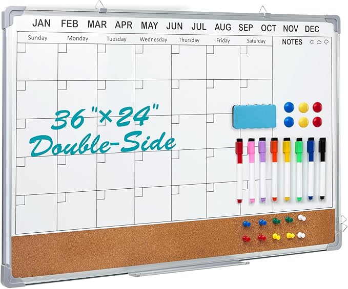 Calendar Whiteboard for Wall,36" x 24" White Board Calendar Dry Erase with Silver Aluminum Frame,Double Side Wall Hanging Board for Office,Home,Kitchen