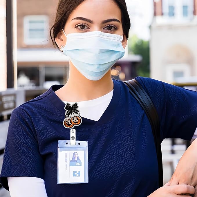 Halloween Badge Reel Retractable Autumn Coquette Pumpkin with Black Bow Acrylic Alligator Clip Halloween Badge Clip ID Card Holder Gifts for Medical Worker Teacher Doctor Cute Halloween Badges Holder