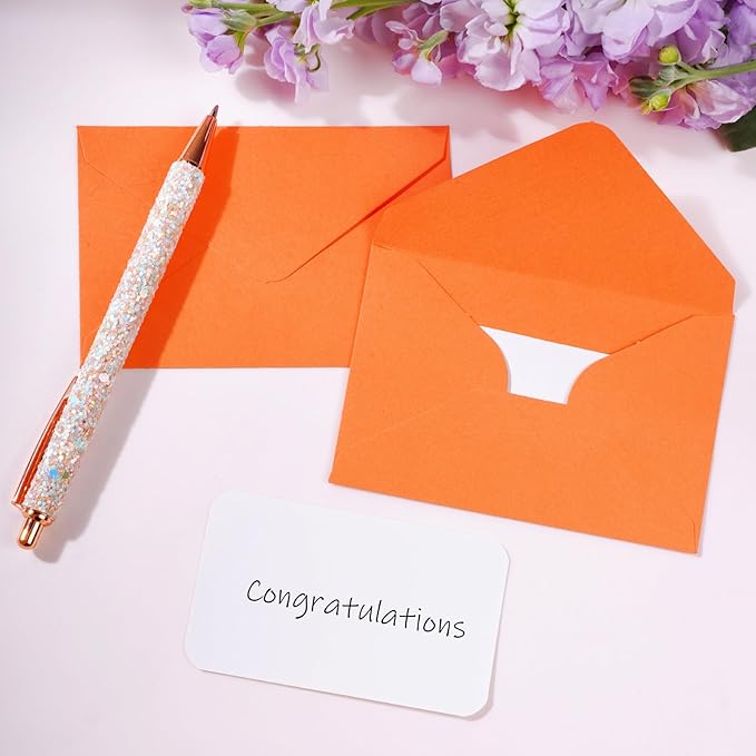 jiebor 100 Sets Small Envelopes with Small Blank Gift Business Card Wedding Invitation Pocket Envelopes for Graduations Wedding Shower Holiday 4.37 x 2.91 Inch Orange