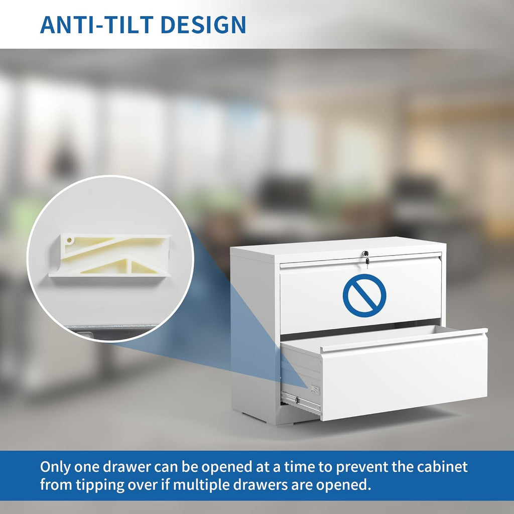 Lateral File Cabinet with Lock, Metal File Cabinets for Home Office Legal/Letter A4 Size, File Cabinet with 2 Drawer Storage Cabinet, Require Assembly, White