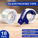 Clear Packing Tape, 18 Rolls Heavy Duty Packaging Tape with Dispensers for Packing Shipping Moving and Sealing, Thicker Packing Tape-2" x 65 Yards Per Roll, 1170 Total Yards