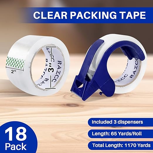Clear Packing Tape, 18 Rolls Heavy Duty Packaging Tape with Dispensers for Packing Shipping Moving and Sealing, Thicker Packing Tape-2" x 65 Yards Per Roll, 1170 Total Yards