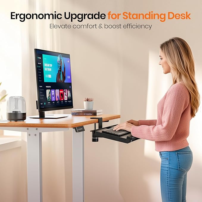 Klearlook Keyboard Tray Under Desk with 360° Rotation, Ergonomic Computer Keyboard & Mouse Tray 25"W×11.02"D Sit Stand Desk Keyboard Holder w/Wrist Rest & Storage Drawer (Height is not Adjustable)