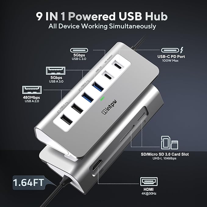 USB C Hub, INTPW 9-in-1 USB C Hub Multiport Adapter with 4K HDMI, PD 100W, Type-C and 2 USB A 3.0 5Gbps, 2 USB A 2.0, SD/TF Card Reader, Aluminum USB Hub for Laptop, iPhone 16/15 Series, MacBook, iPad