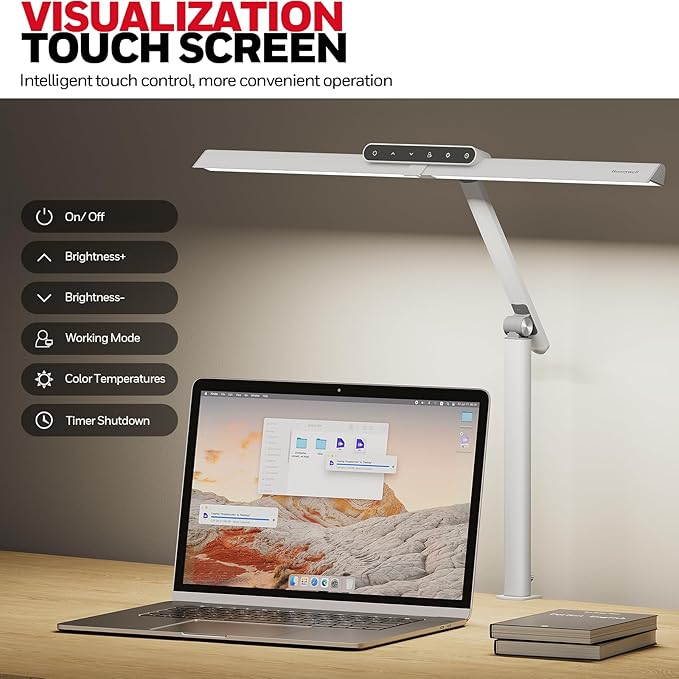 Honeywell LED Desk Lamp with Clamp - HJ1 Sunturalux Eye-Caring Clip on Lights for Home Office, 1200LM Clamp Lamp 4 Color Modes Stepless Dimming Task Desk Light for Working White