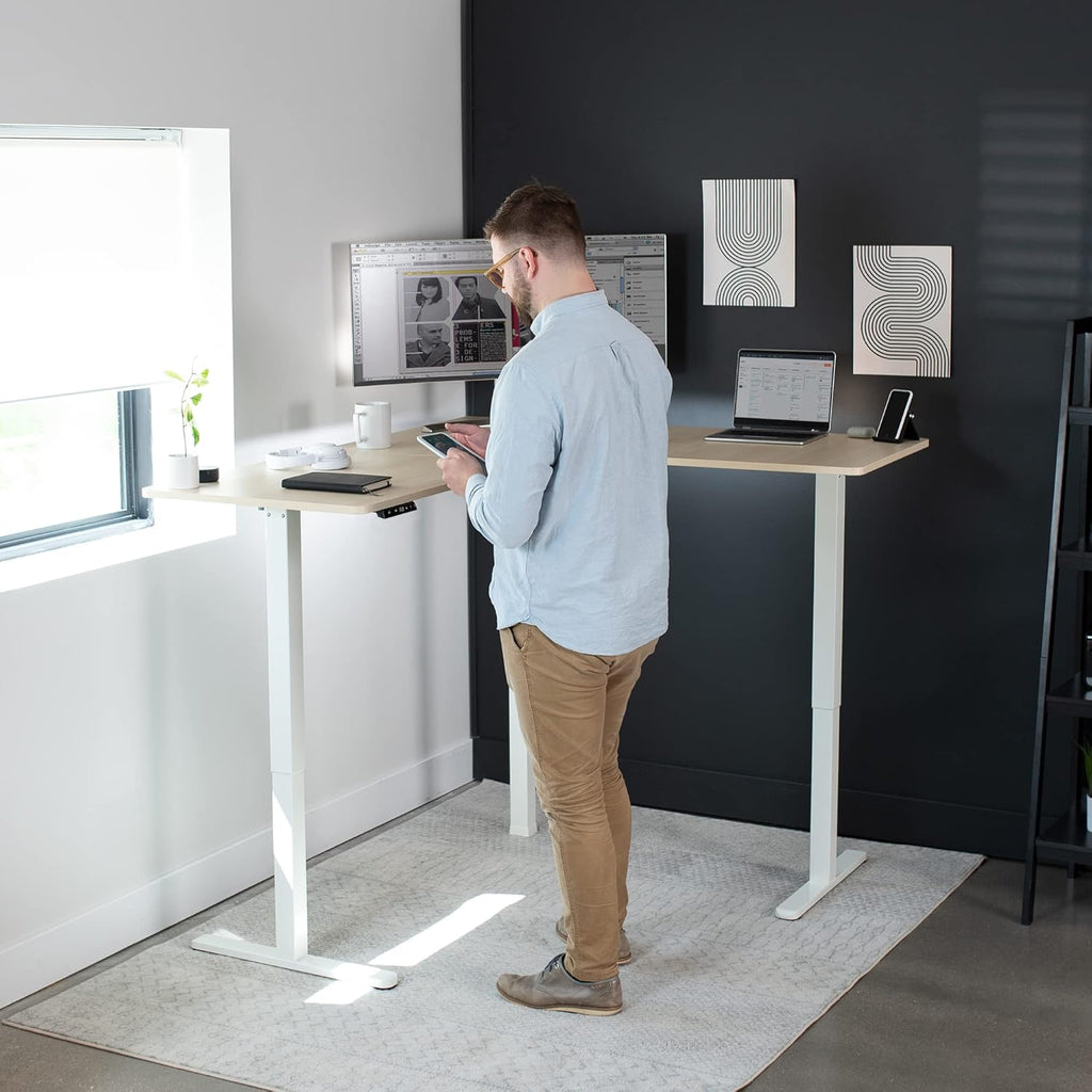 VIVO Electric Corner L-Shaped 63 x 55 in Standing Desk, Memory Height Adjustment, Light Wood Top White Frame, DESK-E3CTC