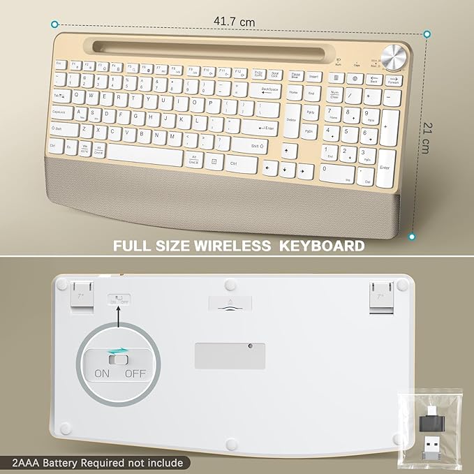 Ergonomic Wireless Keyboard with Wrist Rest-Low-Profile,Phone/Tablet Holder,Quiet Design，Windows & Mac OS，Full Size Cordless USB Computer Keyboard for Desktop,Laptop, PC, Mac, Windows-Gold