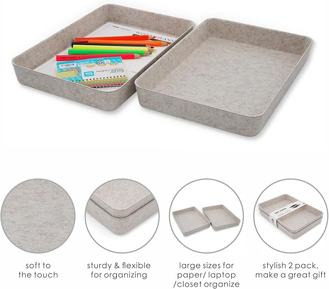 Welaxy 2-piece Office desk drawer organizer tray letter-size documents paper book file Folder Holder Scandinavian-chic storage bin hygge design sleek minimalist gifts idea storage bins (Oatmeal)