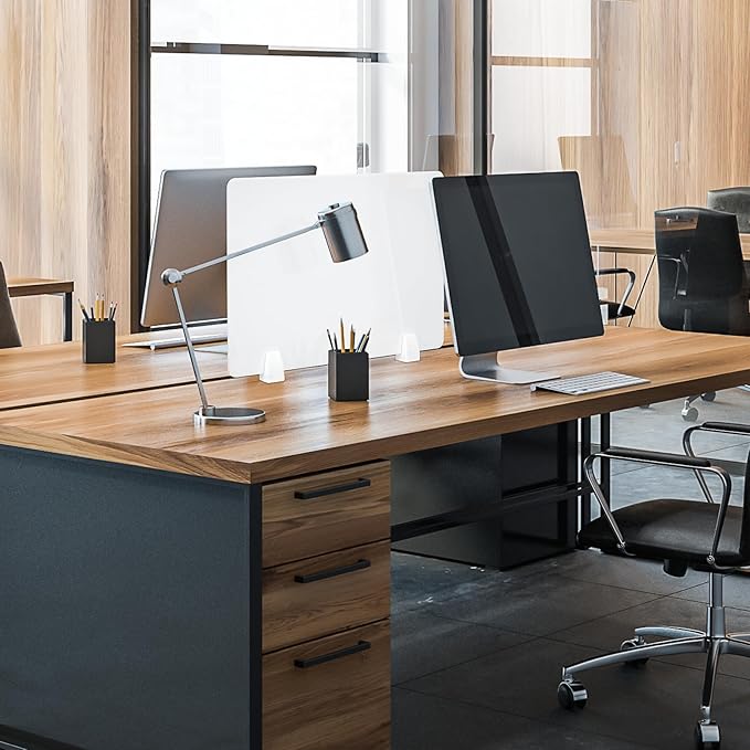 4PCS Acrylic Desk Dividers - 23.6”L x15.8”W White, Office Privacy Partitions with Clamps, Plexiglass Protective Shields for Offices Schools Call Centers