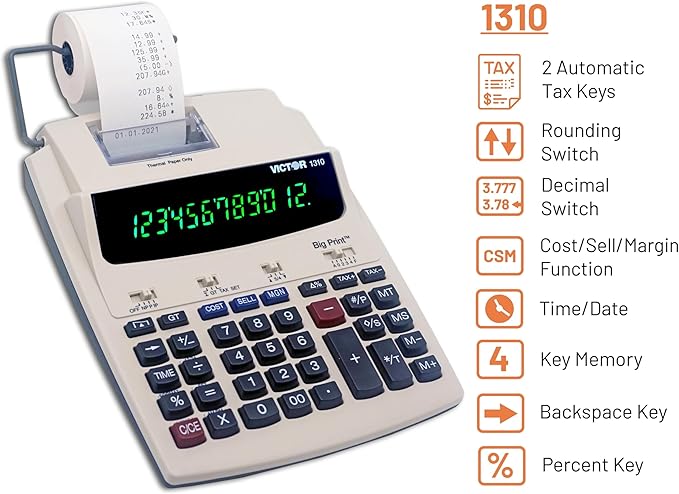 Victor 1310 Big Print Printing Calculator, 12-Digit LED Display, Fast Ink-Free Printing (8.0 LPS), Cost/Sell/Margin Keys, Advanced Business Functions, 2-1/4" Thermal Paper