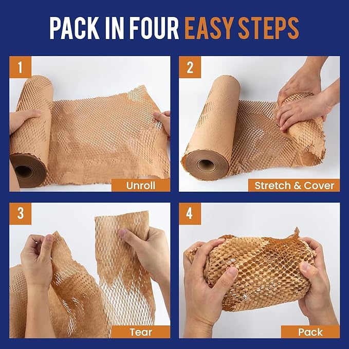 Honeycomb Packing Paper 15" x 500ft with Rope & 20 Fragile Stickers|Shipping & Moving Supplies|Small Business Packaging Supplies|Eco Friendly Bubble Wrap Packing Boxes for Moving Certified FSC C204227