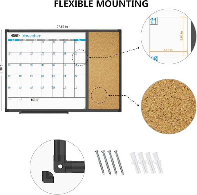 XBoard Dry Erase Calendar Whiteboard 28 X 20 - Combo White Board Calendar Monthly, Magnetic White Board + Corkboard with Black Aluminum Frame