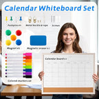 Dry Erase Calendar Whiteboard, 17" x 13" Magnetic Whiteboard Cork Board Combo, Reusable Monthly Planner with 8 Markers, Eraser, Magnets and Pushpins, Hanging Dry Erase Board for Home, School - White