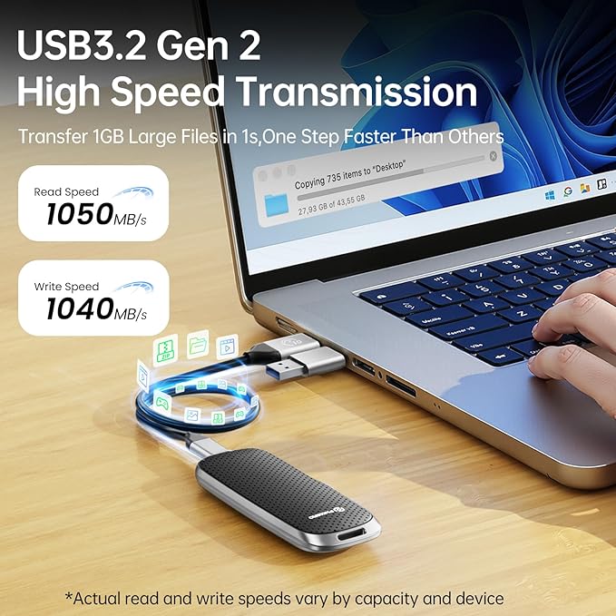 PHIXERO P10PRO External NVMe SSD 512GB, Up to 1050MB/s, USB 3.2 Gen2, Includes 2-in-1 USB C Cable, Portable Hard Drive for iPhone 15+/Android/Windows/Mac, Black