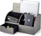 Vlando Desk Organizer with Drawer, Back to School Supplies - 5 Compartment Desktop Storage Holder with Organizer Section for Desk Accessories (Gray)