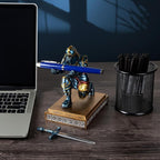 MACLARONX Kneeling Knight Pen Holder with Sword Medieval Warrior Fancy Pencil Stand for Office Desk Home Decor for Men Father Husband Armor Soldier Statue