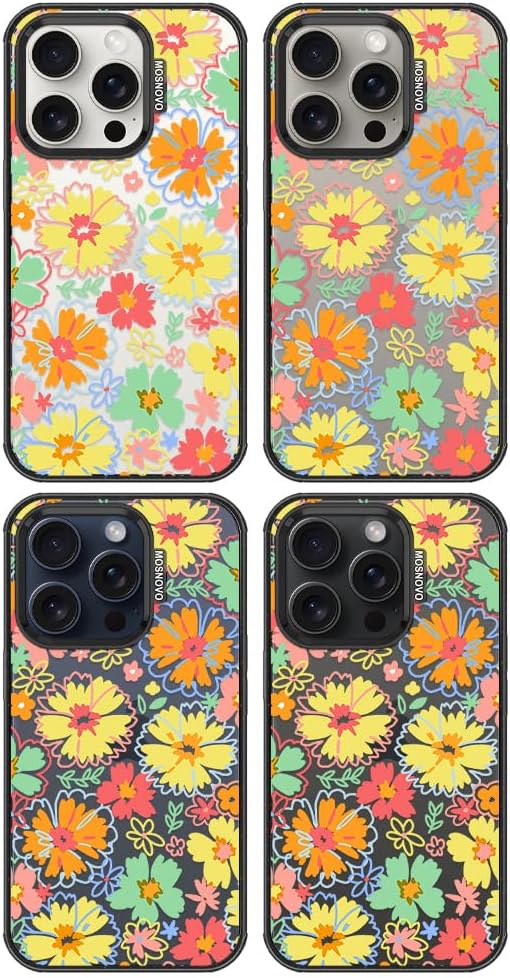 MOSNOVO Case for iPhone 15 Pro, [10ft 4X Military-Grade Drop Protection] Durable & Shockproof Phone Case Cover Design for iPhone 15 Pro - Retro Boho Hippie Flowers - Clear Black