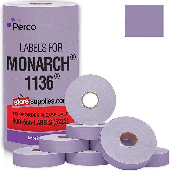 Perco Lavender Pricing Labels for Monarch 1136 - 14,000 Labels, 8 Rolls, Ink Roll Included